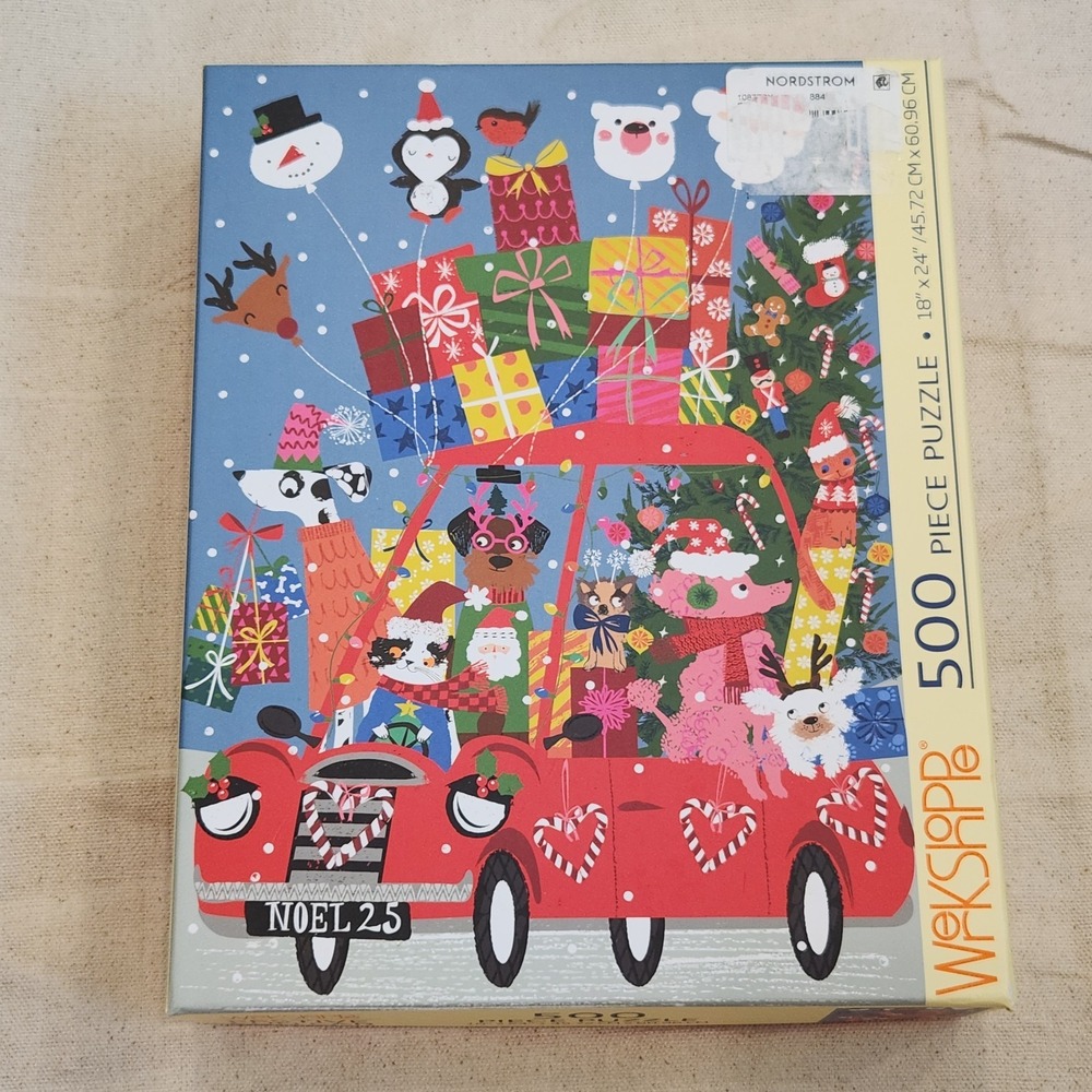 New WerkShoppe Festive Fun Car 500 Piece Christmas Puzzle Holiday Dog Cat